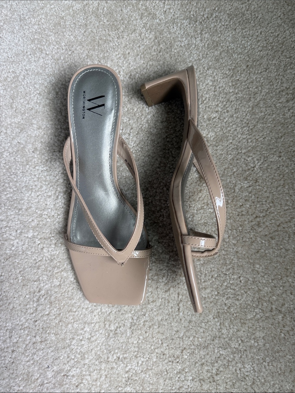 Worthington Beige Patent Square-Toe Thong Mules